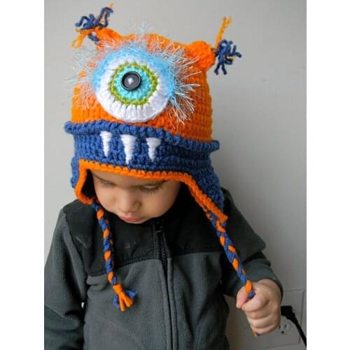 Free shipping, orange cartoon Hat Crocheted Mike One Eye Handmade Child Size Novelty Hat