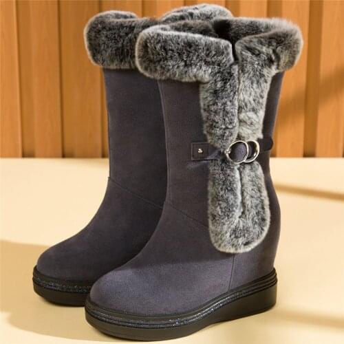 High Top Creepers Women Genuine Leather Wedges High Heel Ankle Boots Female Winter Warm Rabbit Fur Platform Pumps Casual Shoes
