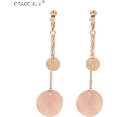 GRACE JUN 2018 New Style Long Tassel Shell Clip on Earrings for Women Party Pagement Luxury Cuff No Hole Earrings Top Quaity