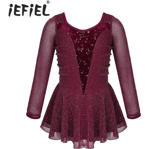 Kids Girls Shiny Stretchy Glitters Velvet Splice Ice Skating Roller Figure Skating Dress Ballet Dance Contemporary Leotard Dress
