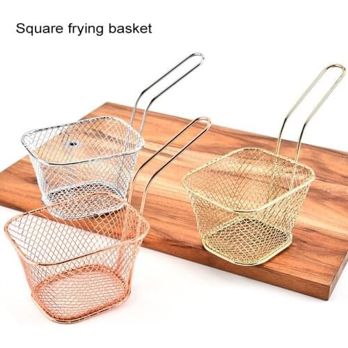 Electroplate Stainless Steel Fries Basket Mini Frying Net Square Block Mesh Kitchen Tools Reusable Mesh Design Fries Basket