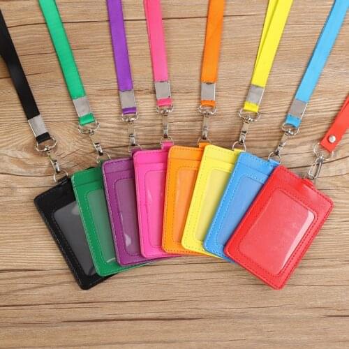 PU Leather Vertical Employees Staff Work Card Holder ID Badge Card Cover with Lanyard Neck Strap Pass Access Bus Card Sleeve