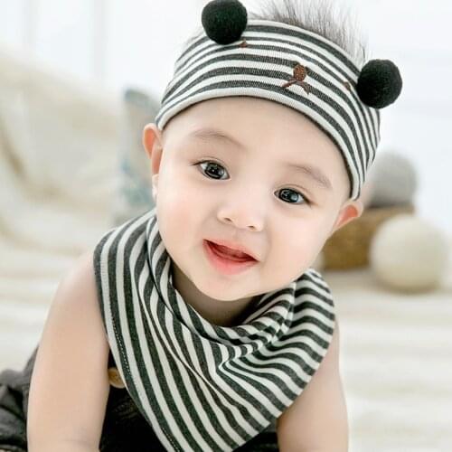 Spring and autumn new princess mother baby child hat striped bear cotton cap headband hood scarf set baby accessories
