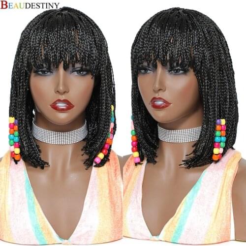 Short Braiding Hair Wigs With Bangs 12inch Heat Resistant Synthetic Hair Bob Wigs For African Braids Crochet Box Braided Wigs