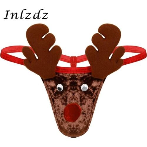 Mens Lingerie Novelty Christmas Underwear Reindeer Sex Cosplay Costume Velvet Low Rise Underpants T-back Thong Briefs Panties