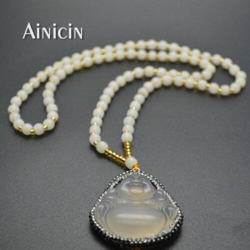 Natural Stone Laughing Buddha Rhinestone Crystal Clay Paved Pendant Ivory Color Chain Necklace For Men and Women Gift Jewelry