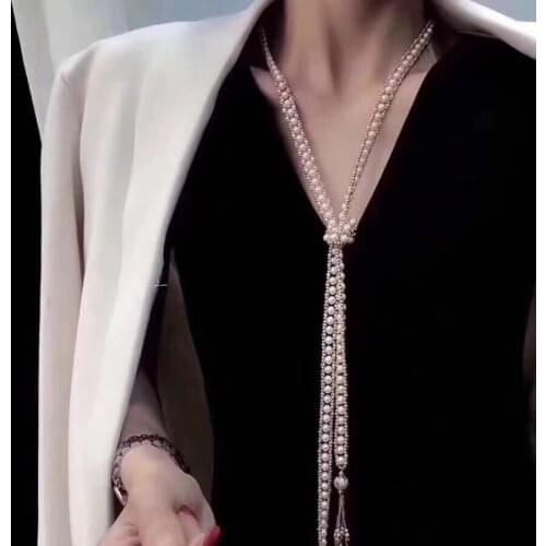 D1208 Pearl Necklace Fine Jewelry Almost Round 5-6mm Nature Fresh Water White Pearls Necklaces for Women 100cm Sweater Chains