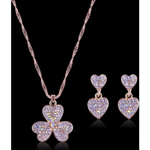Romantic Cute Rhinestone Inlaid Heart Love Stitching Pendent Earrings Necklace Set Korean Neck Ear Jewelry Sets for Women Girls