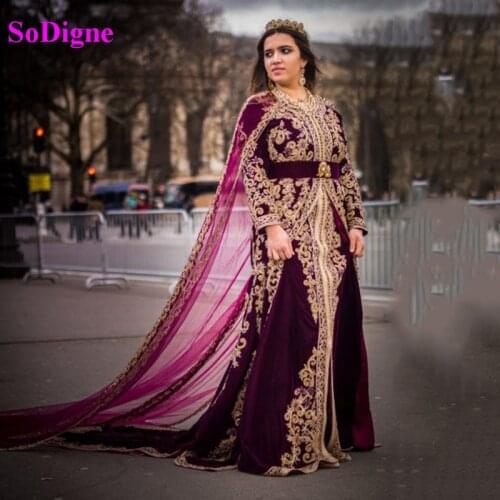 SoDigne Moroccan Caftan Arabic Evening Dress With Cape Appliques Gold Lace Formal Dress Long Sleeve Velvet Prom Women Gowns