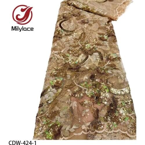 3D Flower Embroidery Sequin Fabric French Net Lace Nigerian African Lace Fabric 5 Yards for Sewing Wedding Party Dress CDW-424