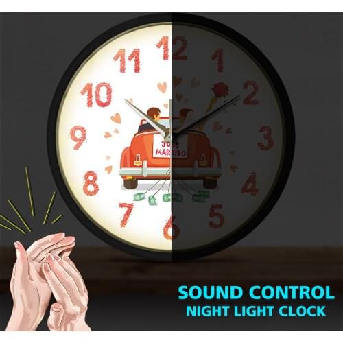 JUST MARRIED Sound Activated Wall Clock Personalized Mr. Mrs. Names Wedding LED Light Anniversary Engagement Gift for Couple