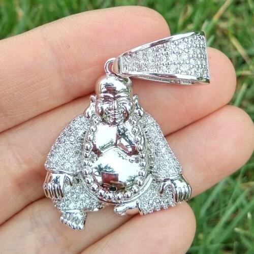 Hip Hop Jewelry Iced Out Bling Punk Rock Pink Fashion Brass Happy Buddha Micro Pave CZ Pendant Neclace Gifts for Women and Men