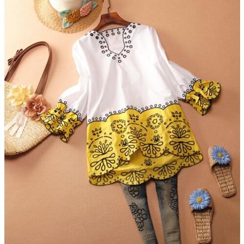 Womens Spring autumn hollow out embroidery long Shirt Female Vintage contrast color Casual plus size cotton Shirt Blouse TB984