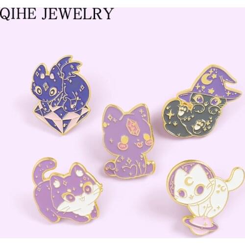 Starry Sky Little Cat Enamel Pin Cartoon Witch Animal Brooches for Women Cute Lapel Pin Backpack Purple Badge Jewelry Gift