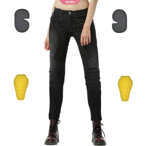 Womens Motorcycle Pants Summer Multi-pockets Jeans Slim Breathable Riding Trousers With Pads