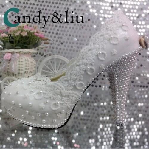 White Lace Flower Wedding Shoes Appliques Pearl Beaded Super High Heel Spike Women Pumps Slip-on Round Toe with Platform Party