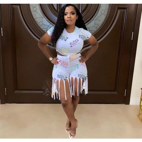 Two Piece Set Women 2021 Summer Fashion Letter Print Short Sleeve T-shirt Crop Tops + Tassel Shorts Club Sexy 2Pcs Sets Female