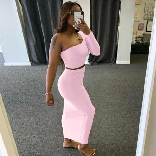 Spring Autumn New Arrival Women Two Piece Sexy Bodycon Sets One Shoulder Crop Top Slim High Waist Maxi Skirt Clothes Suits