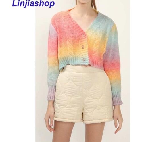 Ladies spring and autumn fashion rainbow blooming knitted cardigan sweater retro chic V-neck long-sleeved short top