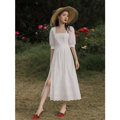 SWEETXUE Square Collar White Dress 2020 Ladies Summer Embroidery Hollow Fairy Temperament Fashion Elegant Party Dress Women