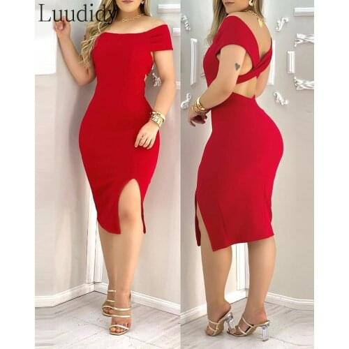 Women Off Shoulder Open Back Slit Midi Dress Party Dress