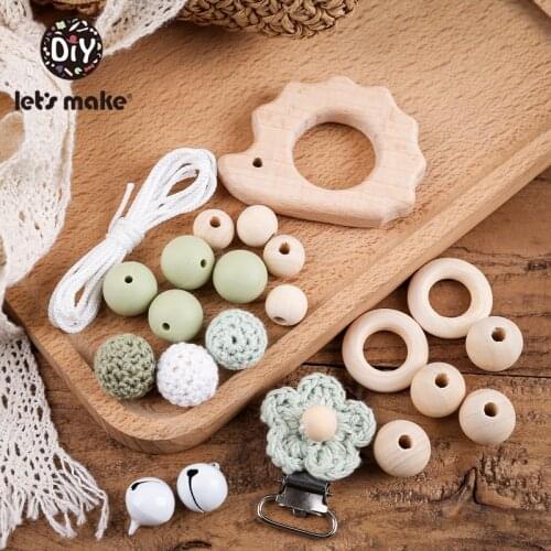 Lets make 1 Set Silicone Beads Wooden Teether Animal DIY Ring Kit Baby Teether Bead Round Geometric Wooden Beads Wood Ring