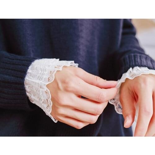 White Lace Flowers Womens Wrist Sleeves Pleated Ruched False Cuffs Lolita Ruffled Floral Hand Short Sleeve Winter Warmer