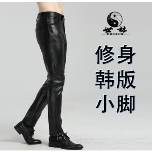 Plus splicing fashion motorcycle faux leather pants mens feet pants pu trousers for men pantalon homme autumn winter black warm