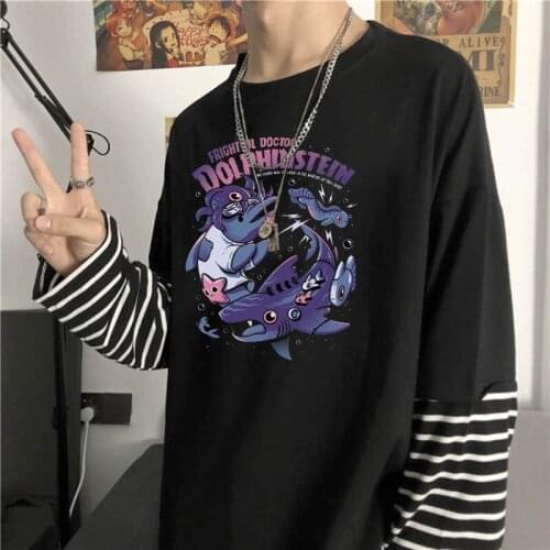 Gothic Cartoon Graffiti Shark T Shirt Streetwear Harajuku Summer Tops Tee Korean Fashion Long Sleeve Fake Two Piece T-Shirt Male