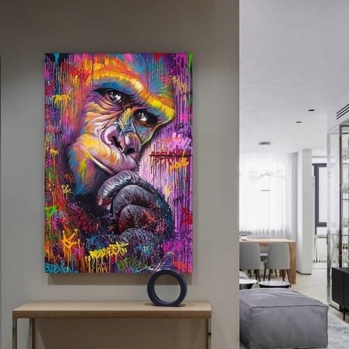Graffiti Red Gorilla Colorful Chimpanzee Modern Artwork Painting Oil Painting Canvas Street Style Living Room Office Home Decor