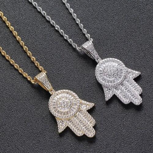 Hip Hop AAA CZ Stone Pave Bling Ice Out Gold Color Fatima Hand Amulet Pendants Necklaces for Men Women Rapper Jewelry