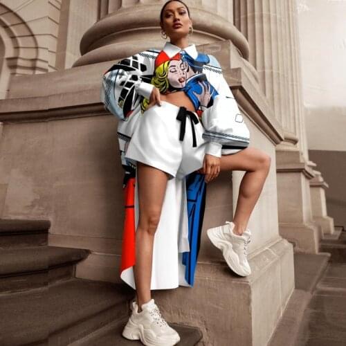 2 Piece Set African Clothes Women Long Shirt Tops And Short Suits Fashion Character Print Street Style Loose African Shorts Sets