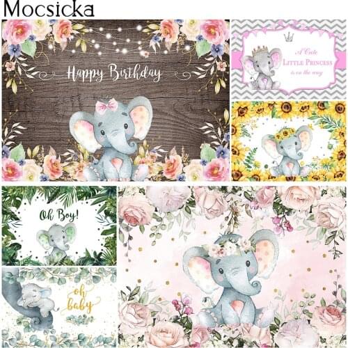 Little Elephant Happy Birthday Backdrop Floral Newborn Elephant Baby Shower Background Party Decorations Cake Smash Photography