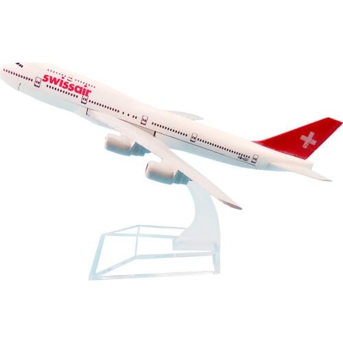 Alloy Metal Swiss Air B747 Airlines Airplane Model Swissair Boeing 747 400 Airways Plane Model Stand Aircraft Kids Gifts 16cm
