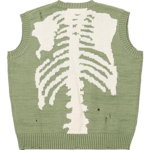 Skeleton Ripped Sweater Vest Women Men Cotton Hole Skulls Knitted Pullovers High Street Oversized Japanese Couple Streetwear