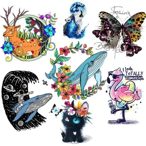 Cartoon Animal Cat Iron On Transfers For Clothing Flower Applique Flamingo Whale Stickers Applique deer Patch For Clothes Dress
