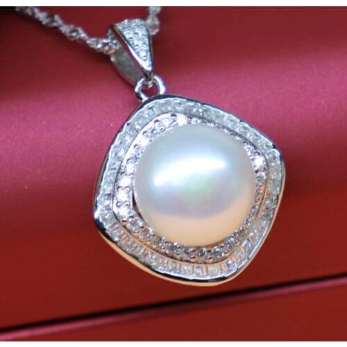 Sterling Silver 11mm White Rearl Pearl Pendant Zircon Chain Necklace
