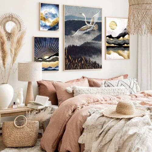 Golden Crane Poster Chinese Ink Style Canvas Painting Chinese Style il Art Print Flower Wall Picture for Living Room Home Decor
