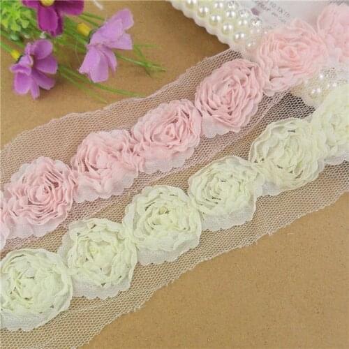 Shabby Chic Chiffon Flower Trim, pink and yellow 10 Yards 3-3.5CM Trim Chiffon Rose Flower, Rose Chiffon Lace Trimming