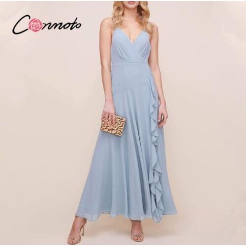 Conmoto Holiday summer ruffle sleeveless v-neck solid women maxi dress Spaghetti strap A-line party dress Split backless vestido