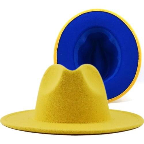 Simple Yellow Blue Patchwork Wool Felt Jazz Fedora Hats with Belt Buckle Men Women Wide Brim Panama Cowboy Trilby Hat L/XL