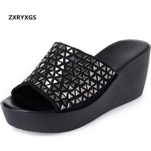 Hot Sale 2020 New Classic Summer Genuine Leather Slippers Womens Sandals Thick-soled Wedge Slippers Women Shoes Fashion Sandals