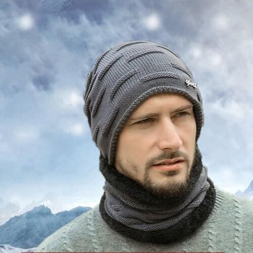 Beanie Hat Scarf Set Men Autumn Winter Thick Thermal Fluffy Knitted Cap Neck Warmer Headwear
