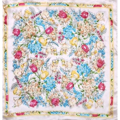 Natural Silk Scarf Women Bandana Female Tulip Hair Scarf for Women Silk Headband Print Flora Womens Square Silk Face Mask Scarf