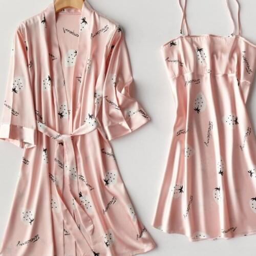 2PCS Silky Satin Women Kimono Gown Nightdress Robe Suit Sleepwear Sexy Nightwear Nightgown Soft Intimate Lingerie Homewear