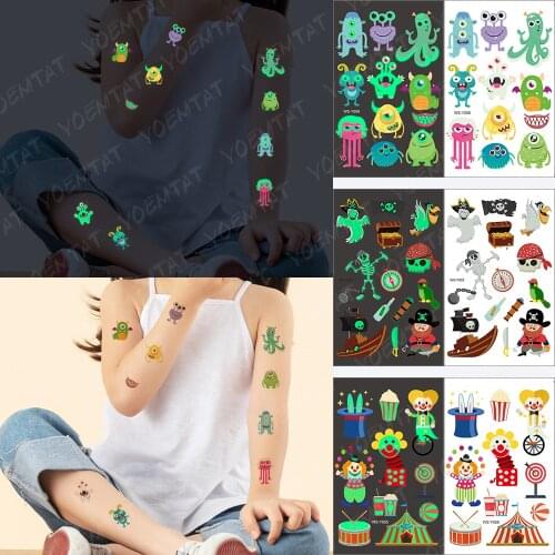 Glow in the Dark Tattoo Stickers Monster Luminous Glitter Temporary Waterproof Funny Tatto Cute Kid Cartoon Fake Tatoo for Party