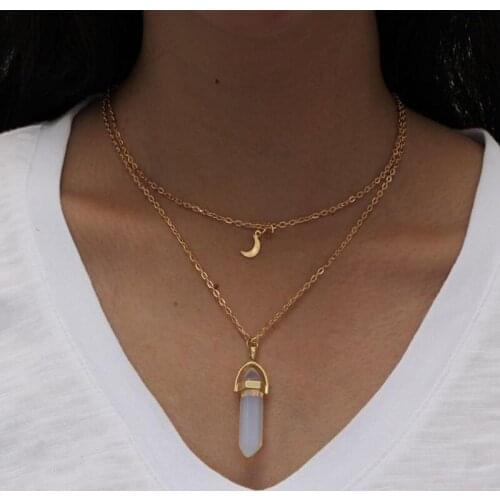 Three layer Necklace bead Figaro chain stone pasted round Pendant slided Antique Silver plated Metal Chain