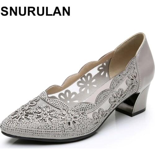 SNURULAN 2020 summer fashion hollow out genuine leather pumps women shoes Med square heels mesh heel ladies office shoes crystal