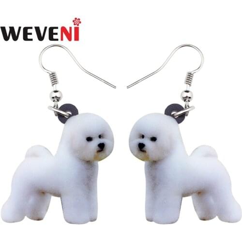 WEVENI Acrylic Lovely Bichon Frise Dog Earrings Big Long Dangle Drop Fashion Jewelry For Women Girl Ladies Kids Animal Wholesale