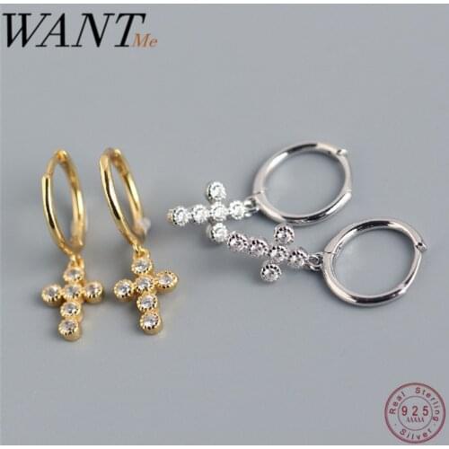WANTME Fashion Genuine 100% 925 Sterling Silver Pave CZ Cross Gothic Stud Earrings for Women Party Bohemian Hip Hop Jewelry Gift